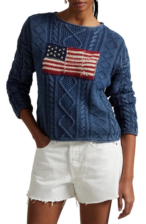 Shop Polo Ralph Lauren Flag Cable Knit Cotton Aran Sweater In Indigo/multi