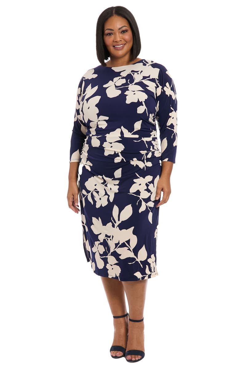 London Times Ruched Long Sleeve Midi Dress, Alternate, color, Navy/ Cream