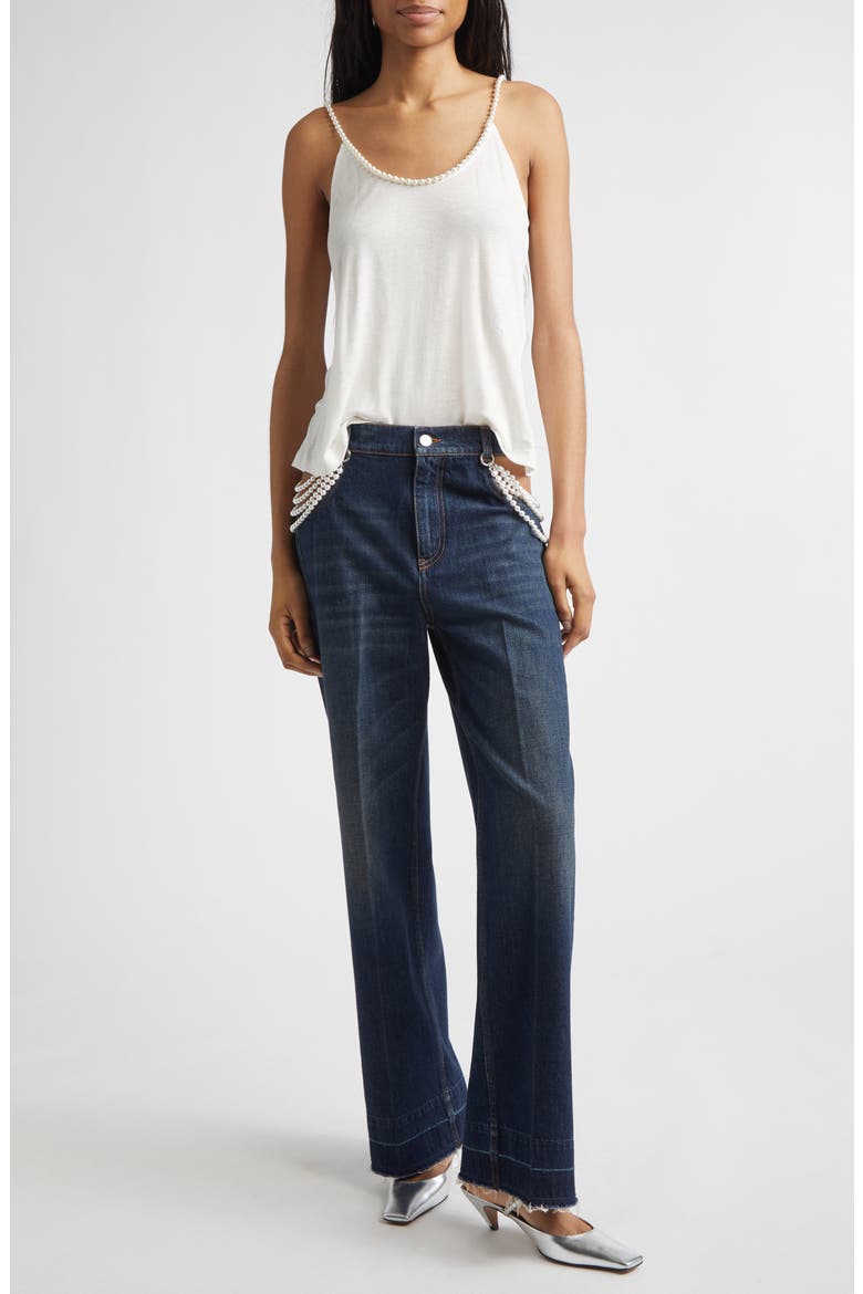 Faux Pearl Embellished Cutout Release Hem Straight Leg Jeans, Alternate, color, DARK BLUE