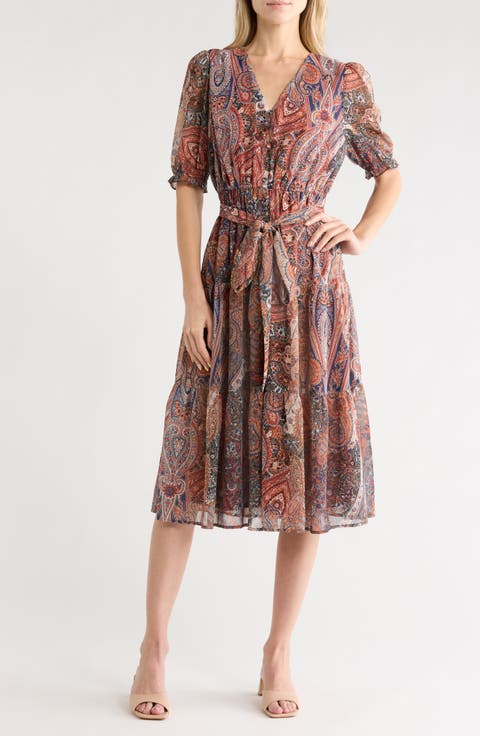 Paisley Tie Waist Midi Dress