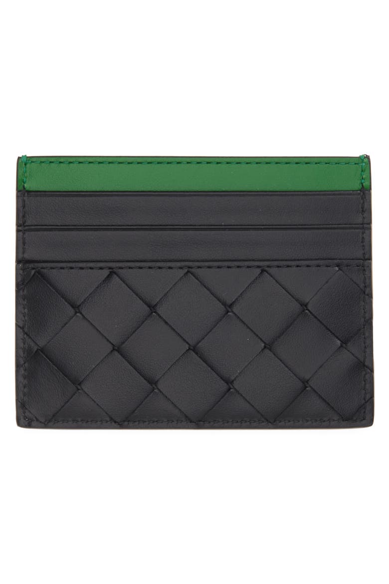Intrecciato Leather Card Holder, Alternate, color, 1278 BLACK/ SHAMROCK