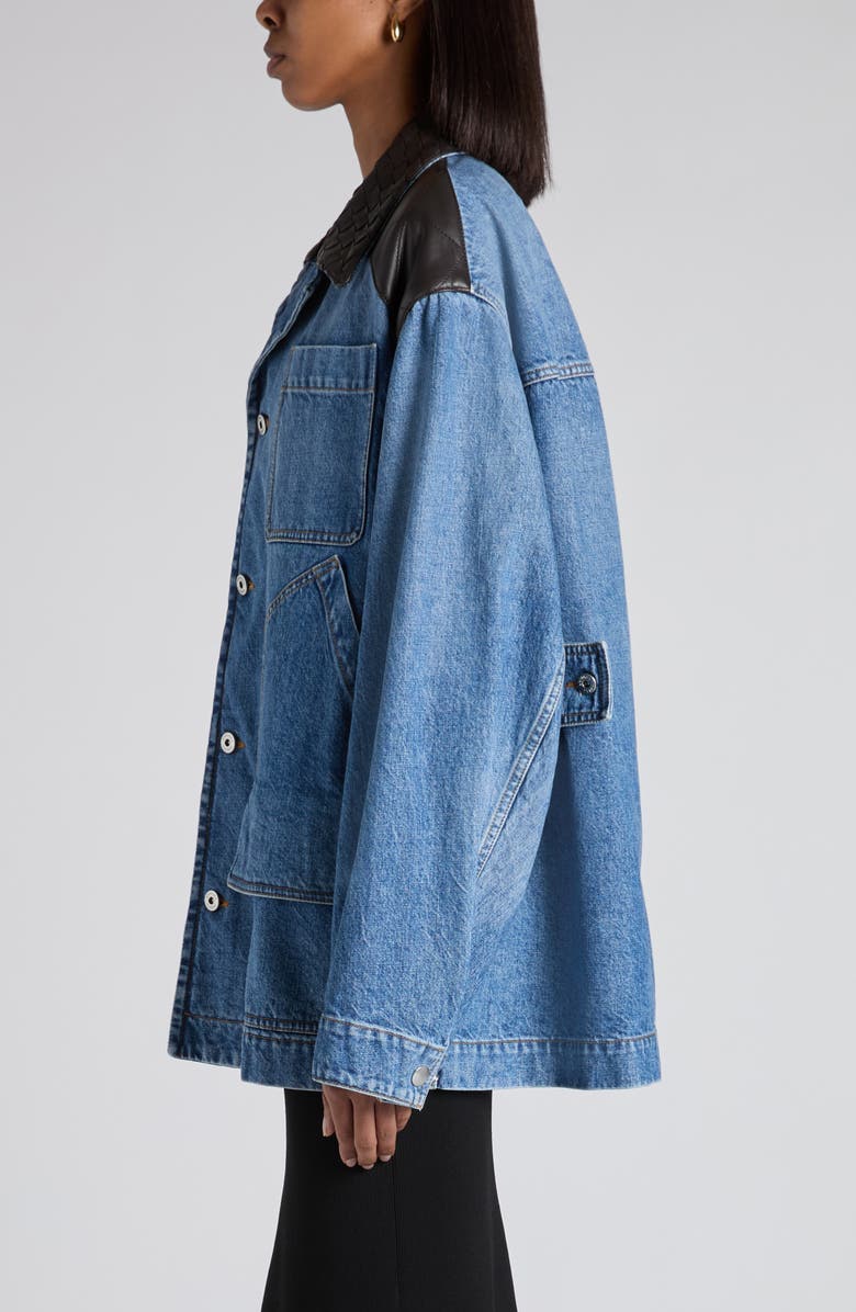 Bottega Veneta Intrecciato Collar Oversize Indigo Denim Jacket, Alternate, color, Mid Blue
