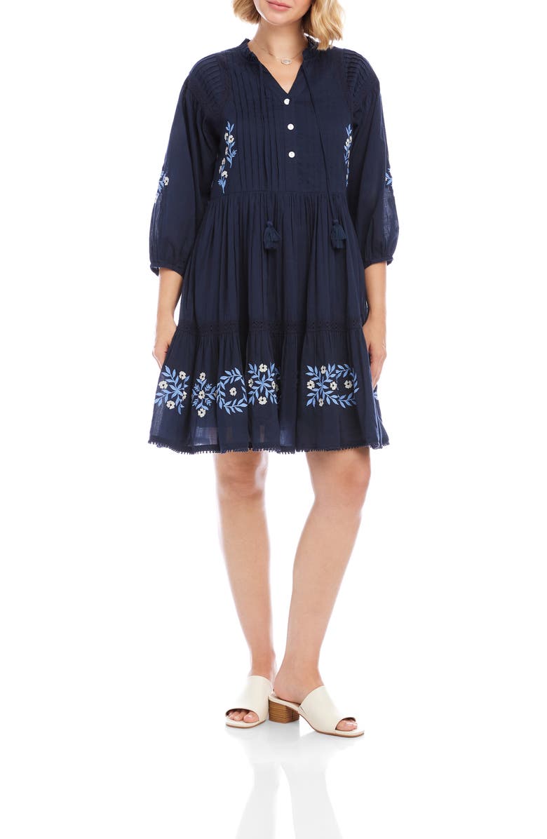 Karen Kane Floral Embroidered Tassel Cotton Dress, Main, color, Navy