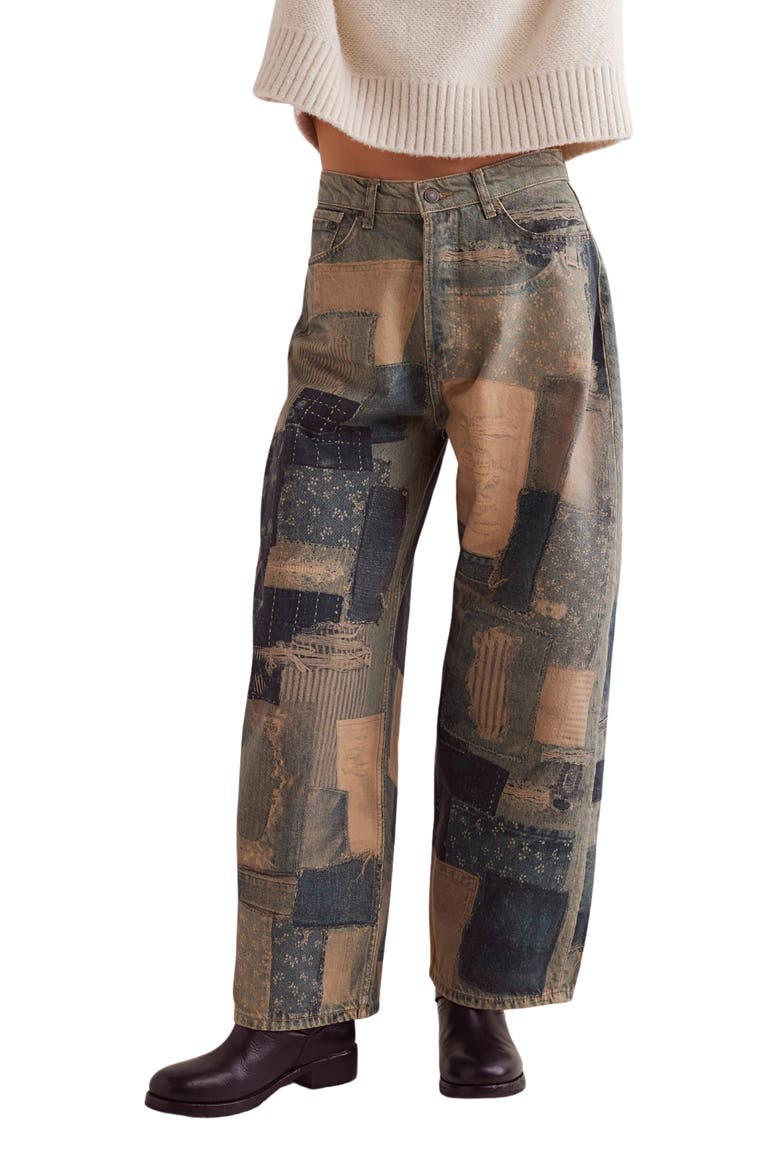 Illusions Patchwork Barrel Leg Jeans, Main, color, INDIGO COMBO