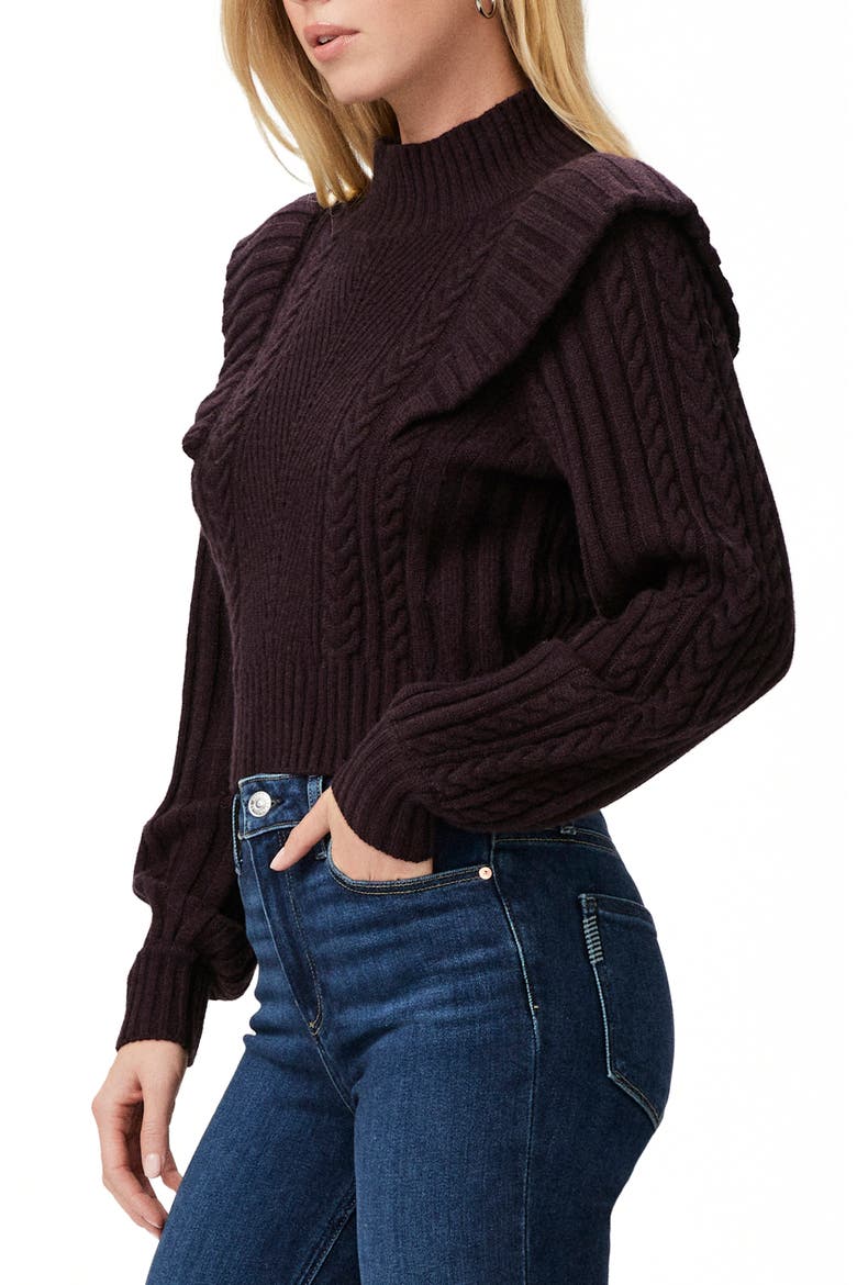 Kate Ruffle Accent Cable Knit Wool Blend Turtleneck Sweater, Alternate, color, BLK CHRY