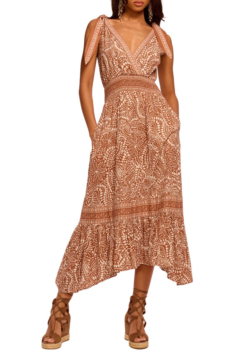 Ramy Brook Mariam Tie Strap Handkerchief Hem Maxi Dress, Main, color, Coffee Dot