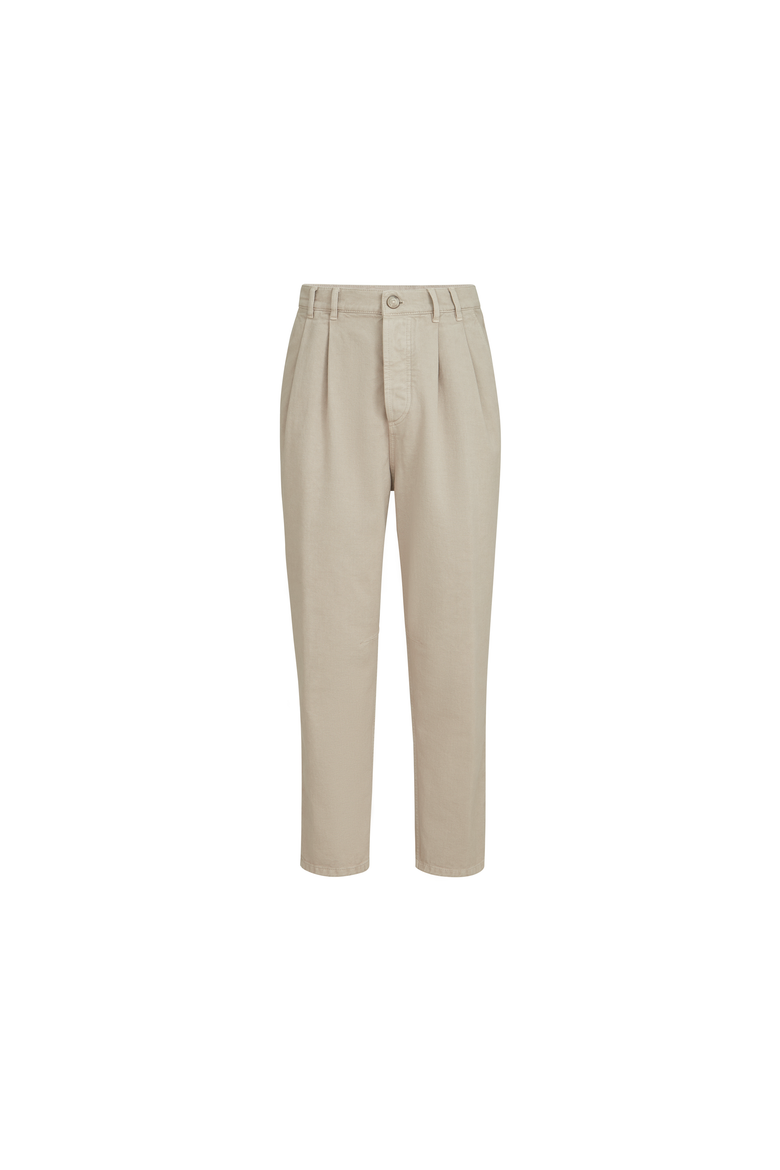 Garment-dyed denim iconic fit five-pocket trousers with double pleats, Alternate, color, White