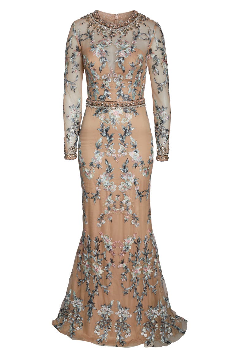 Embellished Long Sleeve Lace Gown, Alternate, color, NUDE MULTI