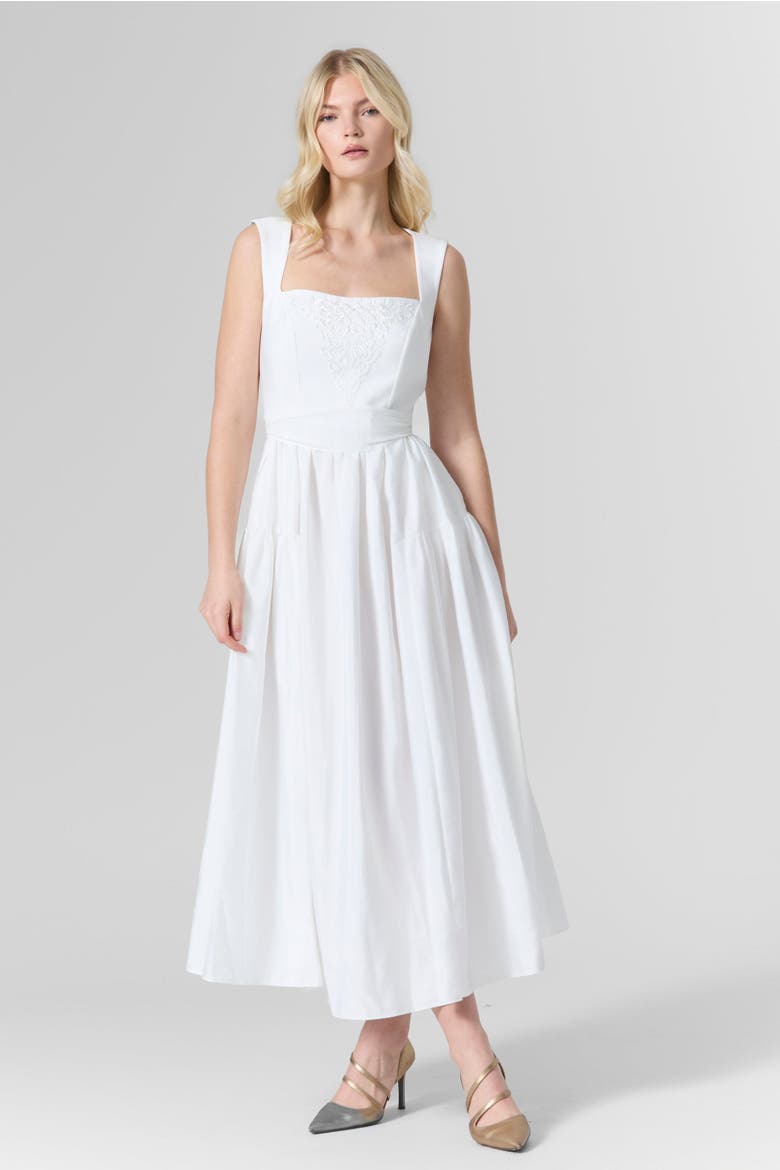Belted Taffeta Embroidered Midi Dress, Alternate, color, White