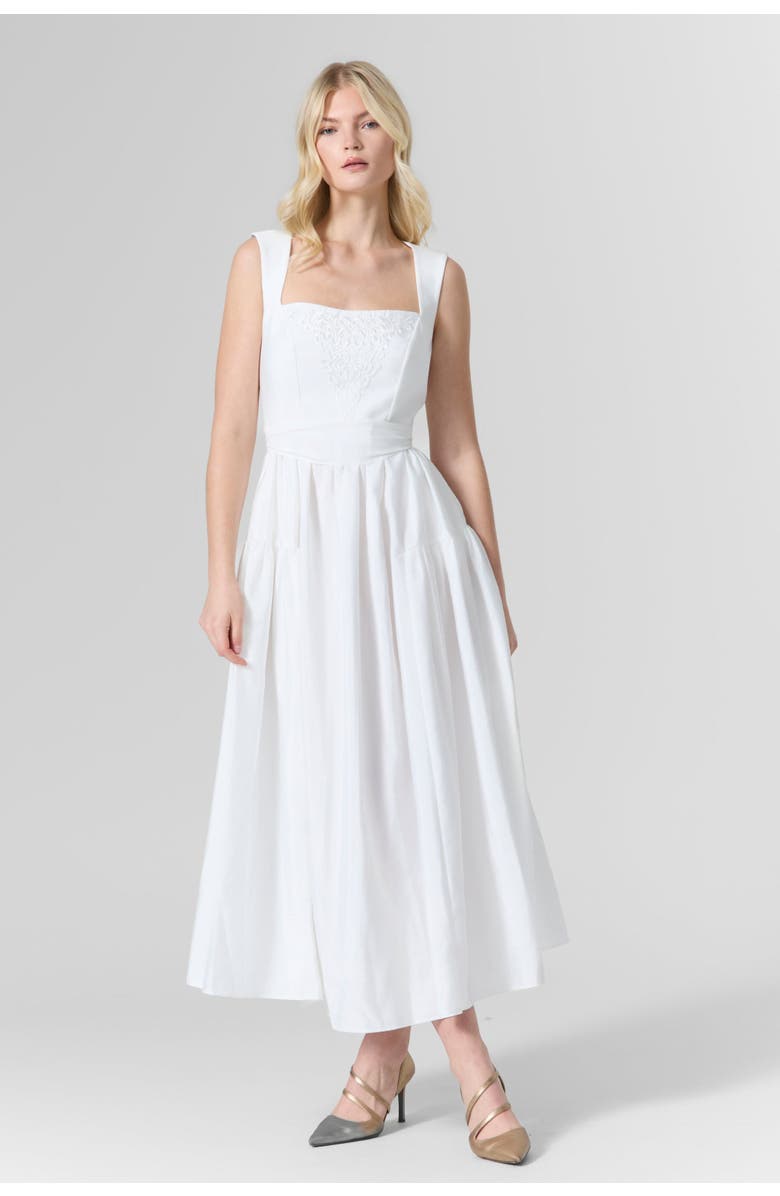 Le Fafo Belted Taffeta Embroidered Midi Dress, Alternate, color, White