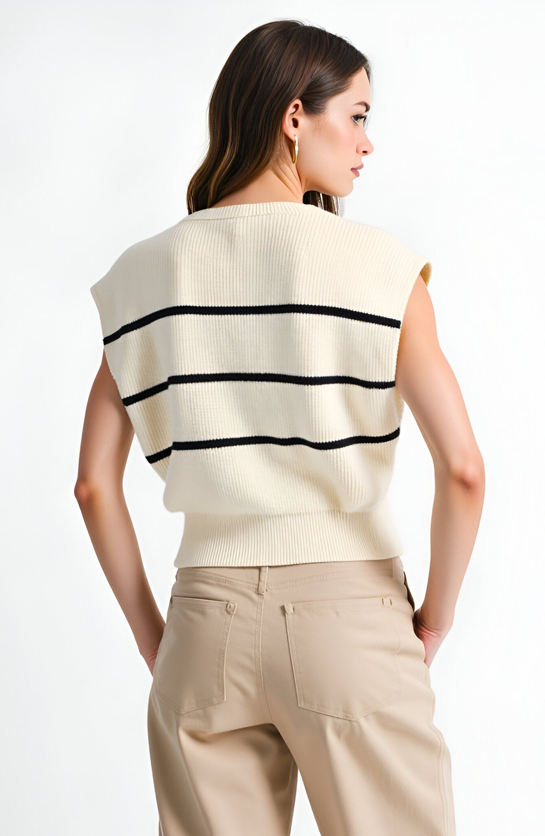 Modenaire Sleeveless Ribbed Knit Cardigan Top with Horizontal Stripe Detail, Alternate, color, 