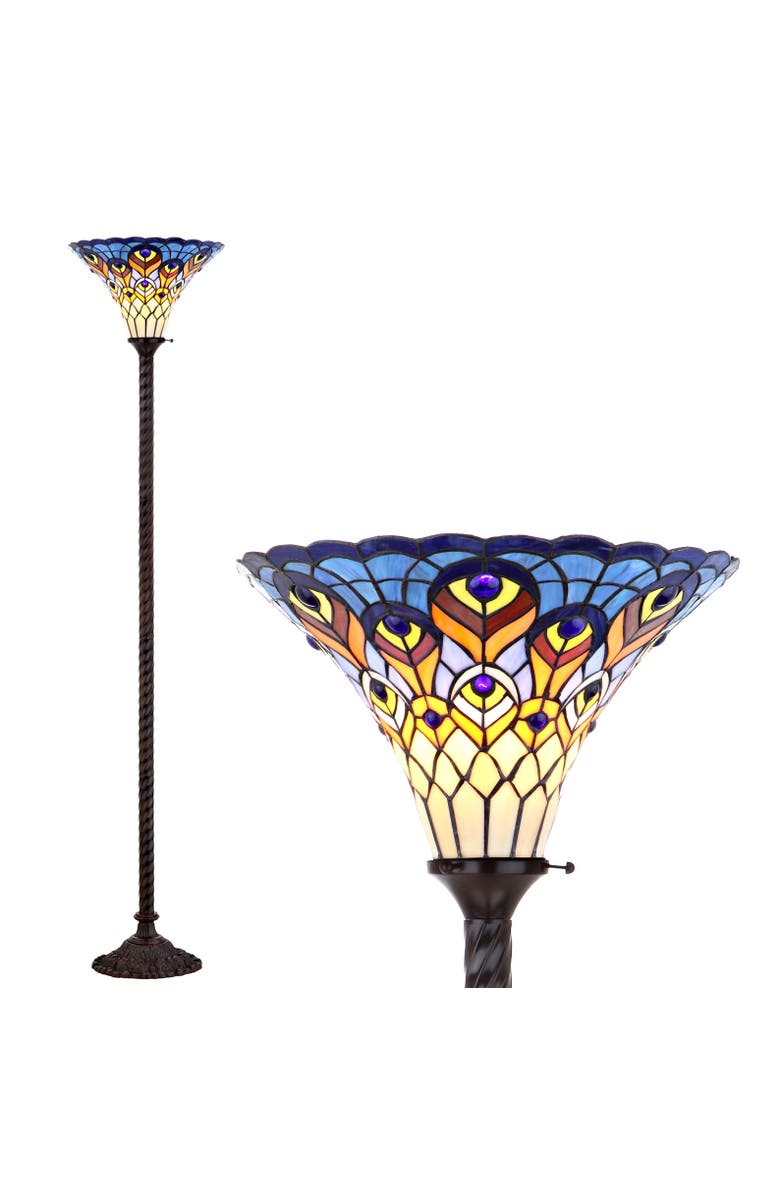 JONATHAN Y Peacock Tiffany-Style 70" Torchiere LED Floor Lamp, Bronze, Main, color, Bronze