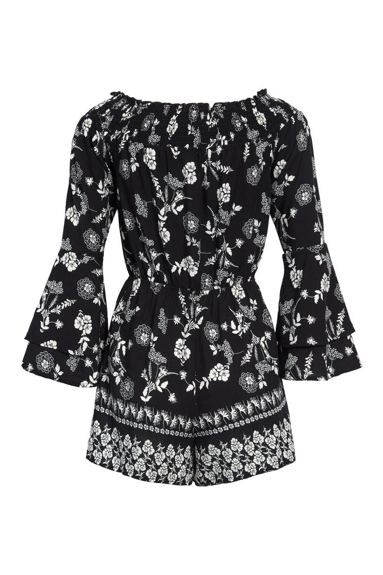 Floral Off the Shoulder Bell Sleeve Romper, Alternate, color, BLACK WHITE PRINT