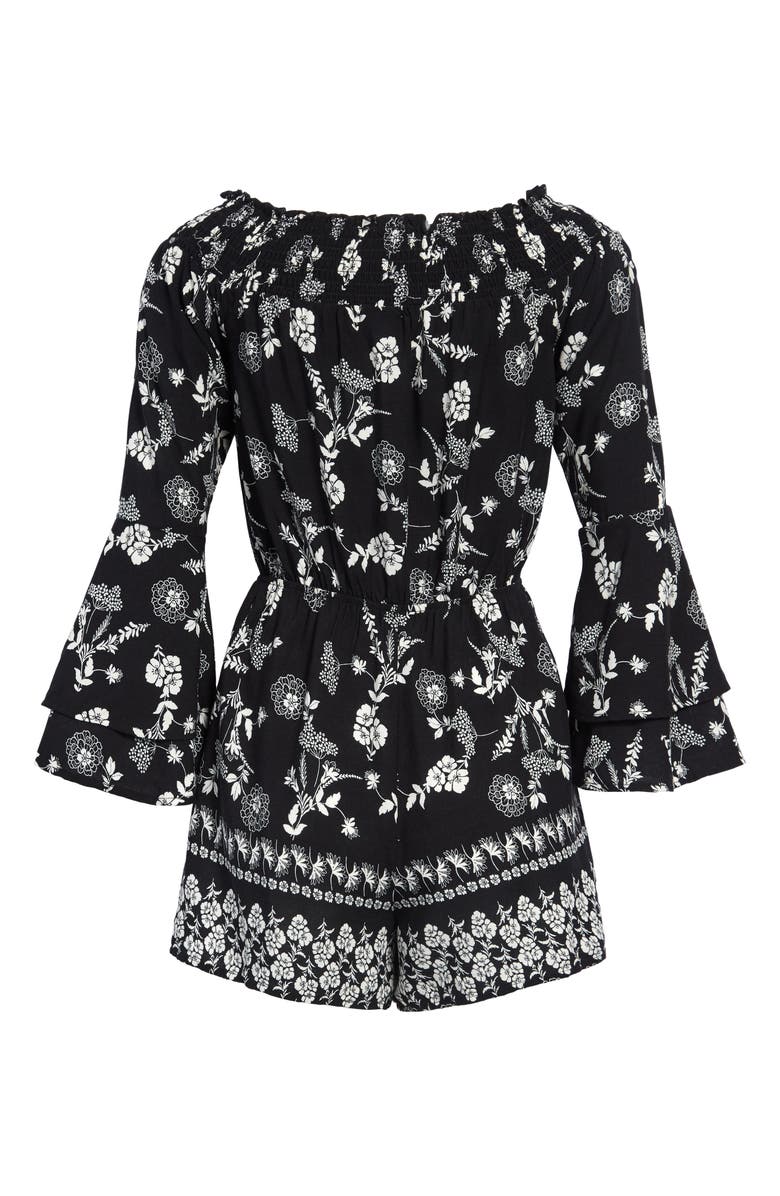 Love, Fire Floral Off the Shoulder Bell Sleeve Romper, Alternate, color,