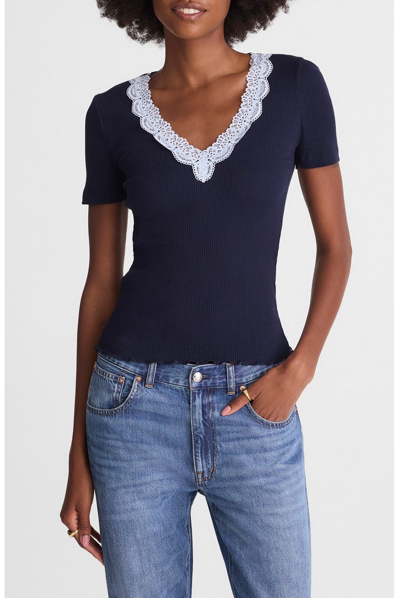 Lace Trim V-Neck Rib Top, Main, color, MIDNIGHT NAVY