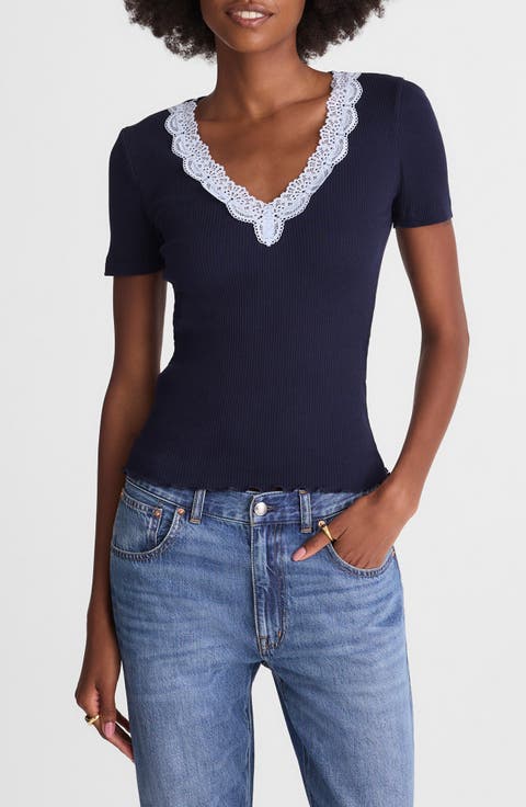Lace Trim V-Neck Rib Top