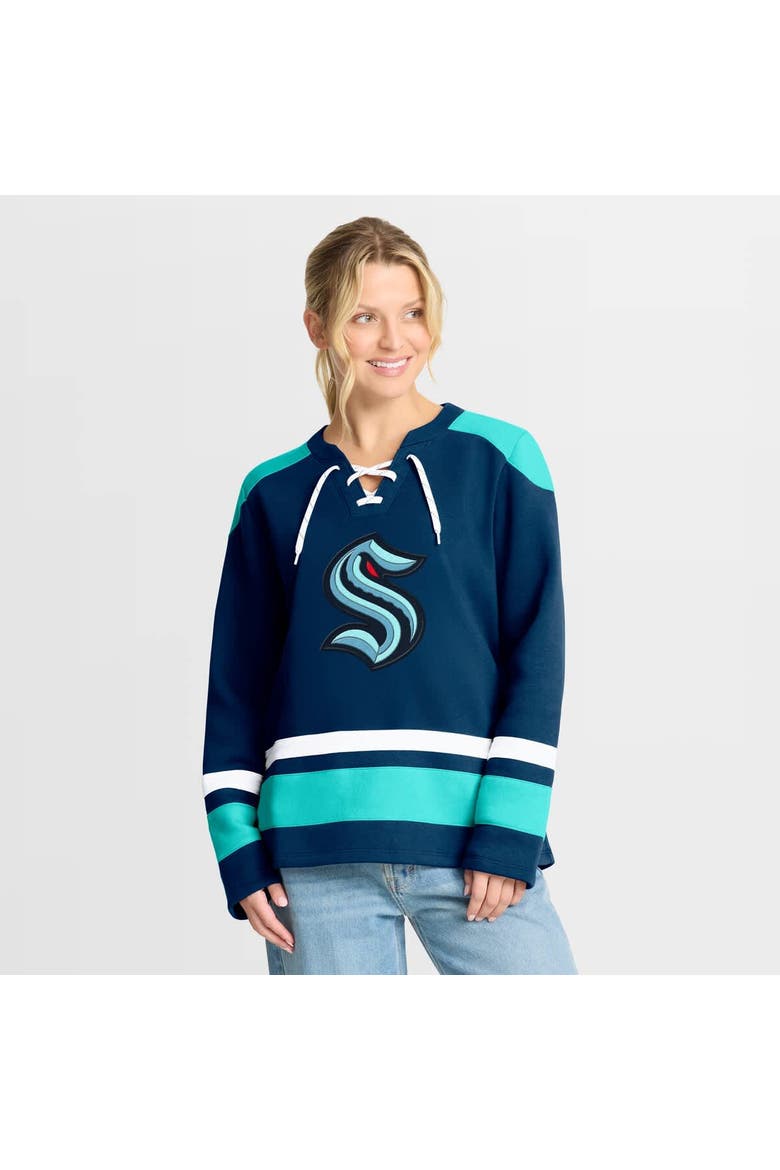 Women's Fanatics  Deep Sea Blue Seattle Kraken Icing Long Sleeve Lace Up Sweatshirt, Main, color, Navy