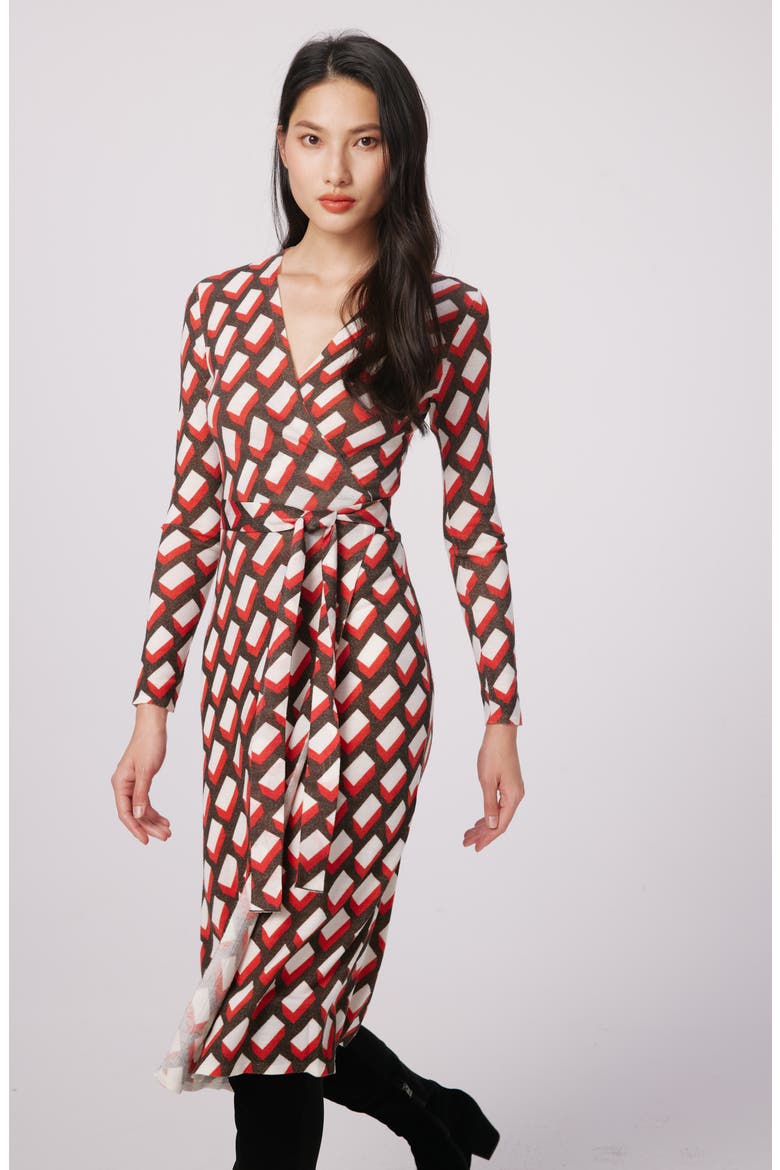 Luella Geo Print Long Sleeve Merino Wool Blend Wrap Dress, Alternate, color, BLOCKS RED MED