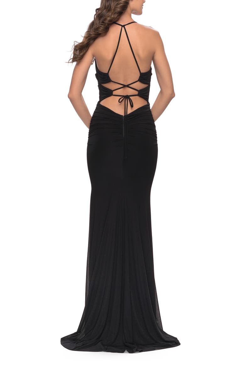 Unique Cut Out Net Jersey Prom Dress, Alternate, color, Black