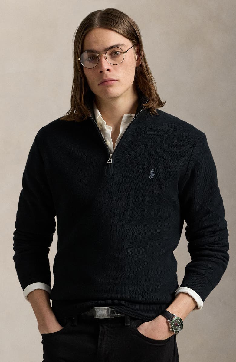 Polo Ralph Lauren Solid Cotton Piqué Quarter Zip Sweater, Alternate, color, Polo Black/ Tonal Pp