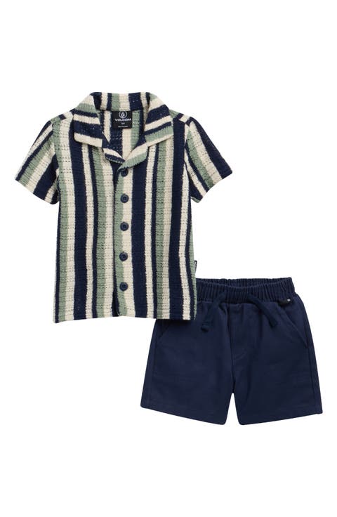 Stripe Short Sleeve Knit Button-Up Shirt & Shorts Set (Baby)