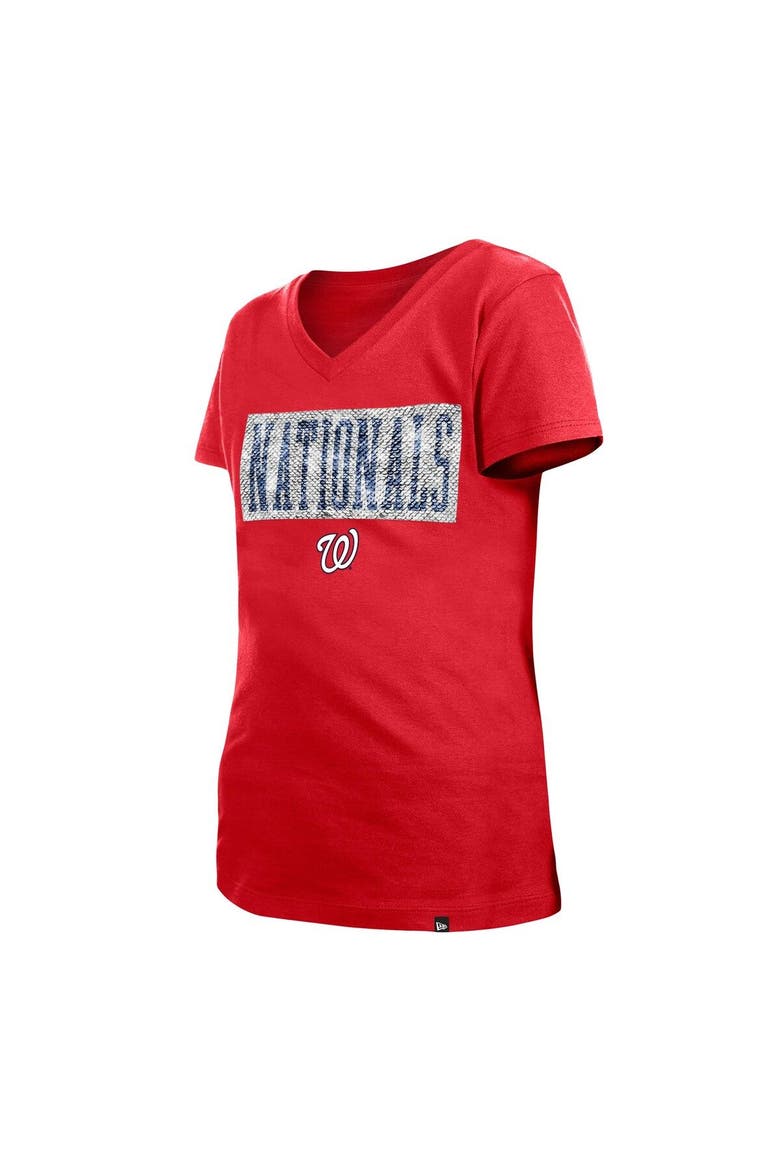 Girls Youth New Era Red Washington Nationals Flip Sequin Team V-Neck T-Shirt, Alternate, color, Red