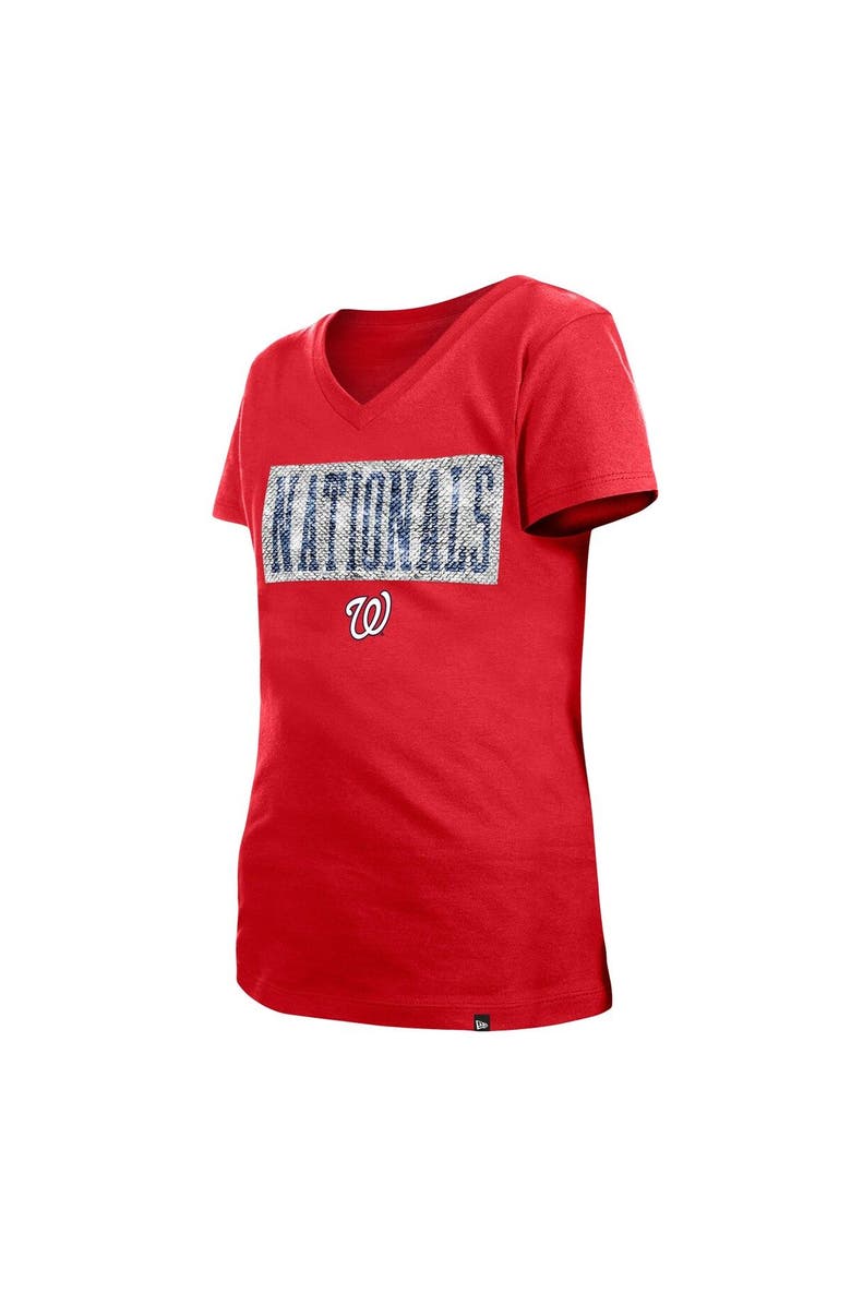 New Era Girls Youth New Era Red Washington Nationals Flip Sequin Team V-Neck T-Shirt, Alternate, color, Red