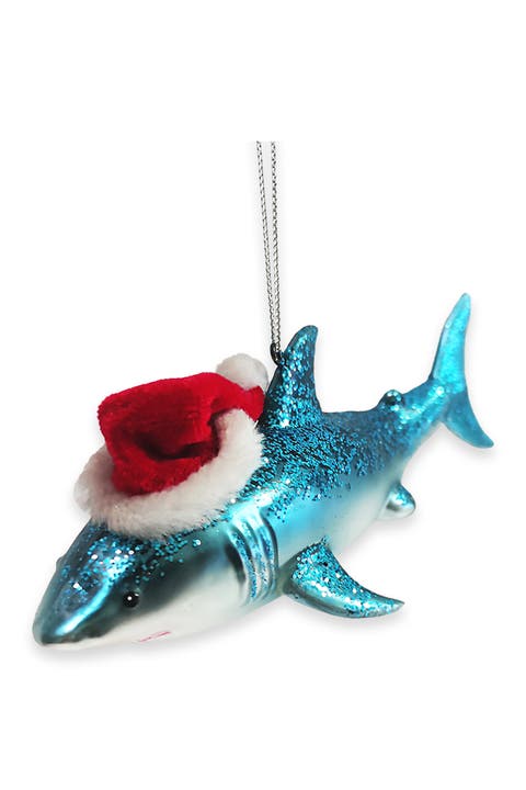 Glitter Shark With Santa Hat Glass Ornament