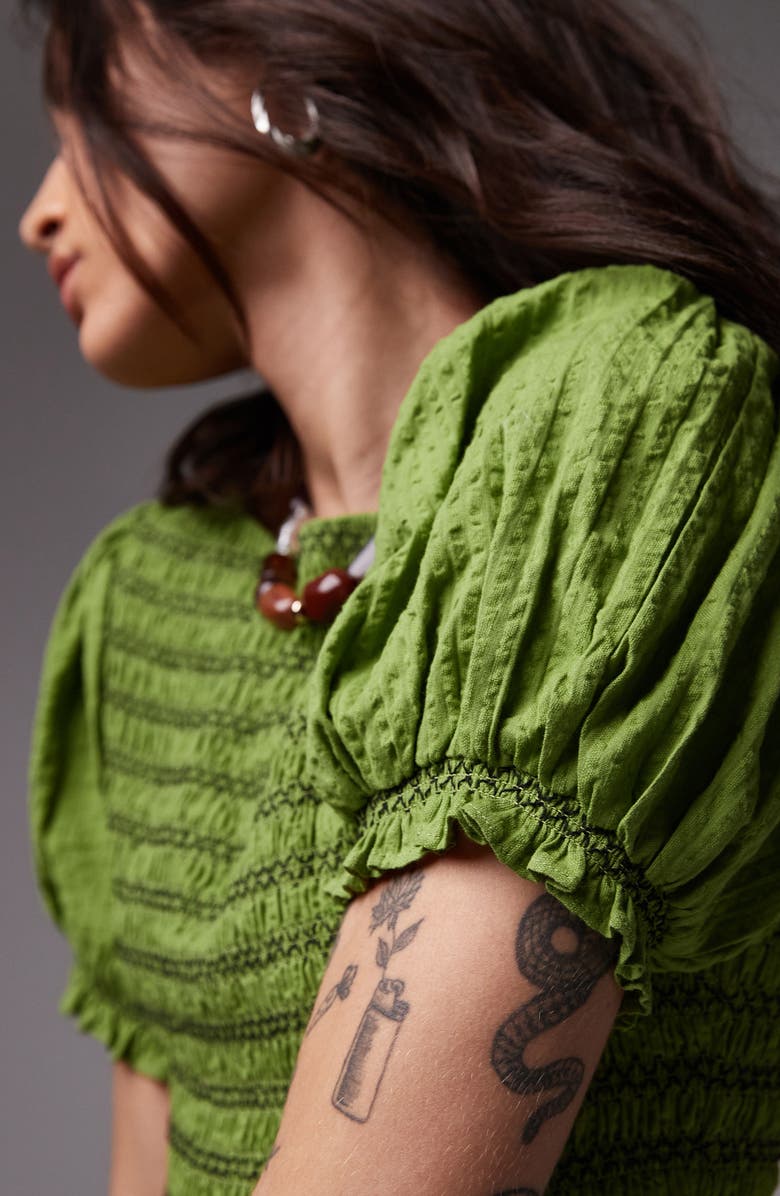 Topshop Contrast Stitch Smocked Minidress, Alternate, color, Mid Green