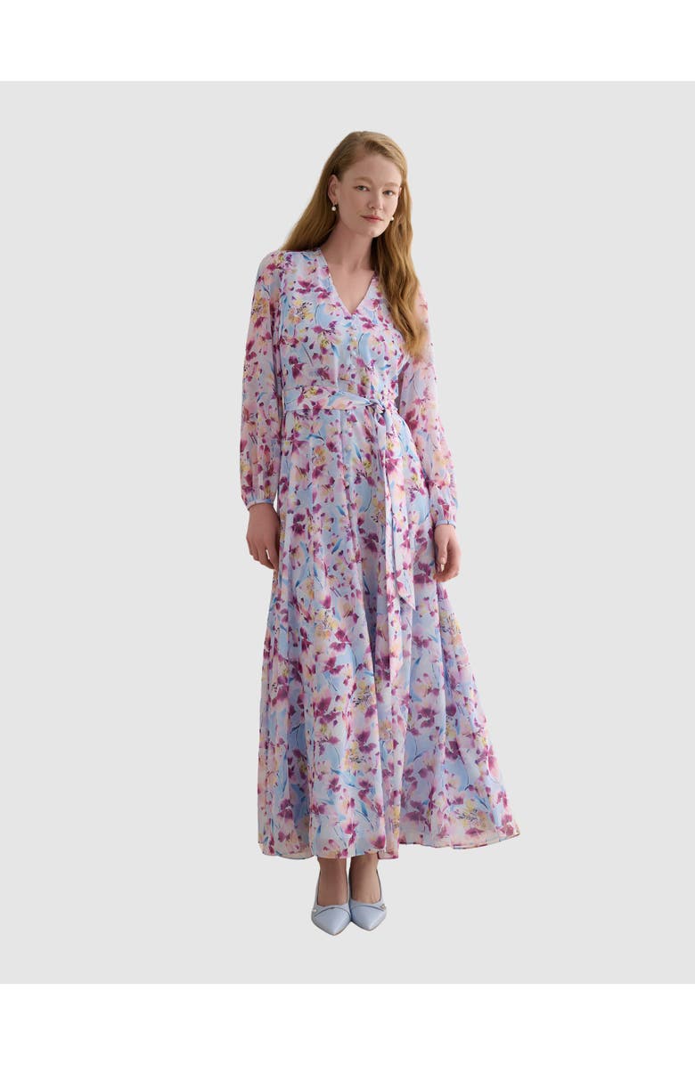 HOBBS LONDON Thea V-Neck Long Sleeve Maxi Dress, Main, color, Pale Blue Multi
