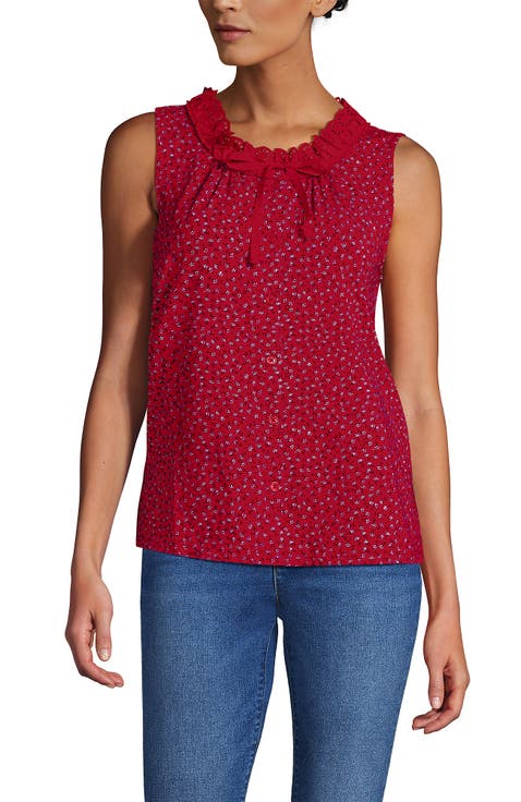 Lightweight Jersey Button Front Lace Trim Tank