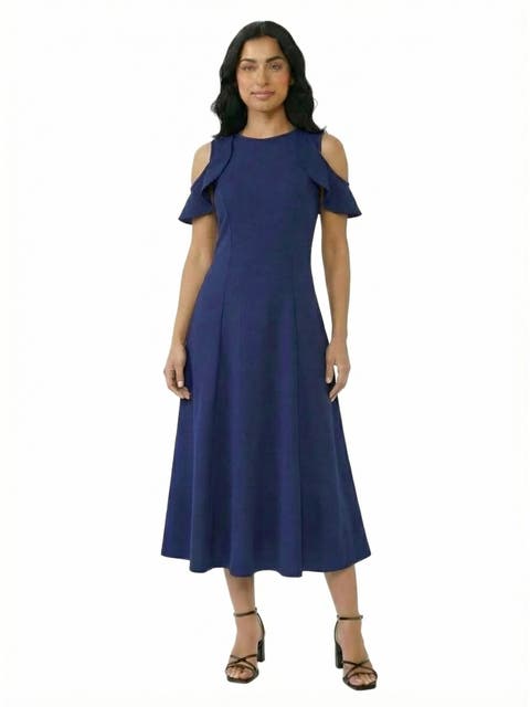 Elevate Petite Ruffle Sleeve Cold Shoulder A-Line Soft Flare Maxi Dress