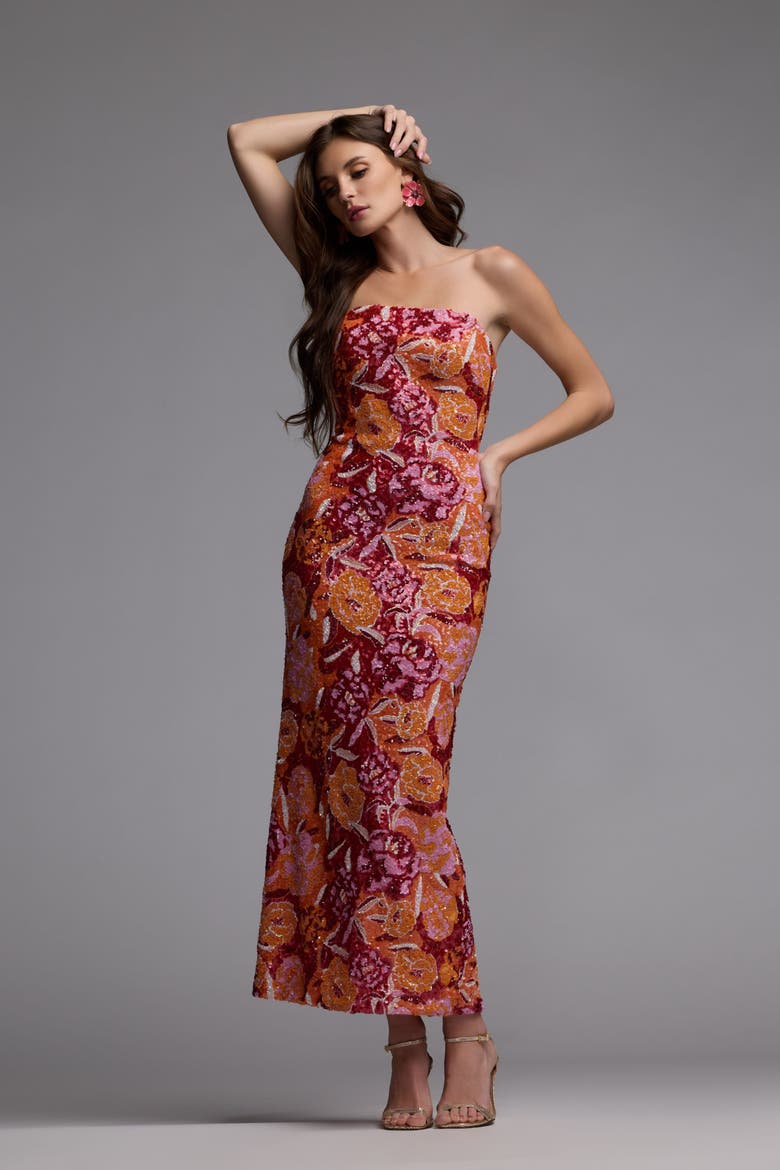 Strapless Floral Sequin Midi Dress, Alternate, color, Tangerine Multi