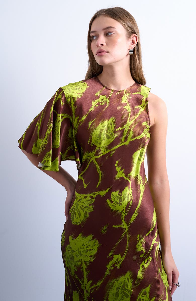 Topshop Asymmetric Bias Cut Satin Maxi Dress, Alternate, color, Rust Multi