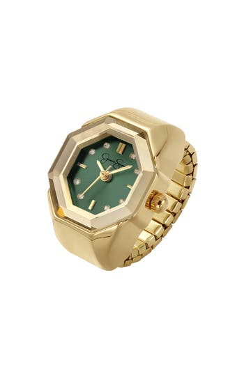 Jessica Simpson Faceted Bezel Quartz Ring Watch, 20mm In Gold