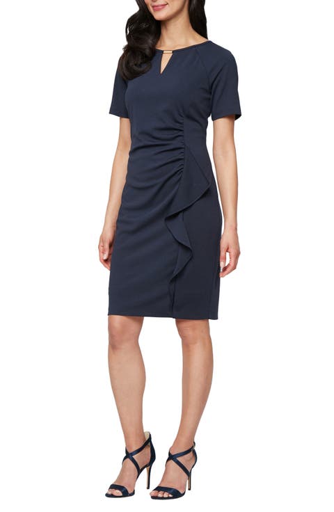 Keyhole Short Sleeve Ruffle Sheath Dress