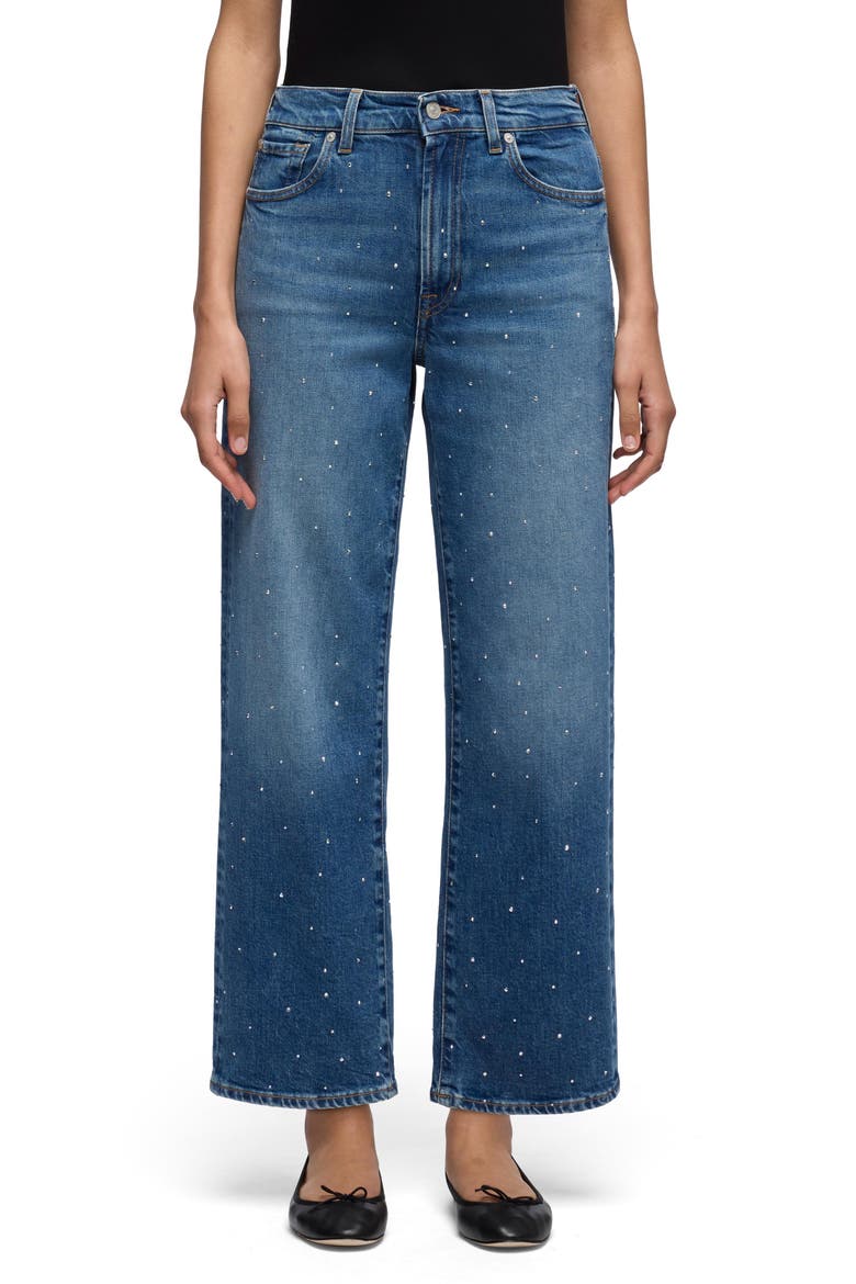 Stovepipe Embellished High Waist Ankle Straight Leg Jeans, Main, color, BLUE SHINE