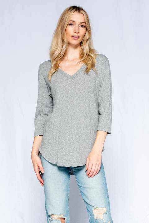 3/4 Sleeve V-Neck Shirttail Tee With Raw Hem Top
