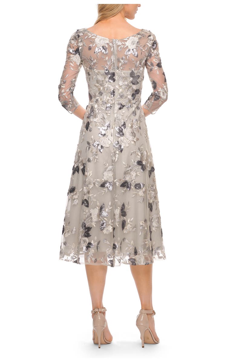 La Femme Tea Length Lace and Sequin Embellished Dress, Alternate, color, Silver