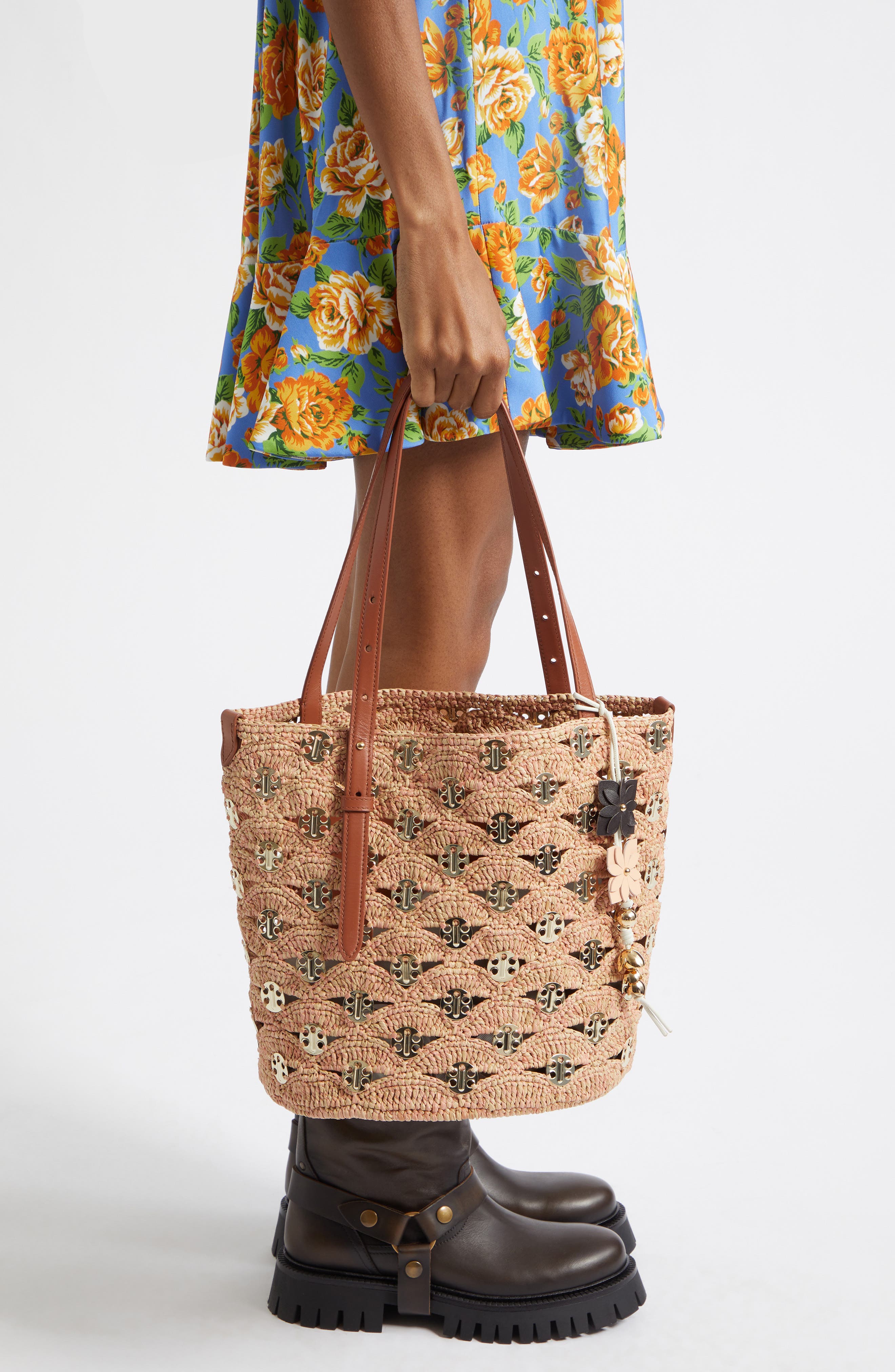 Rabanne Raffia Disc North South Bucket Bag, Alternate, color, Peach/ Gold