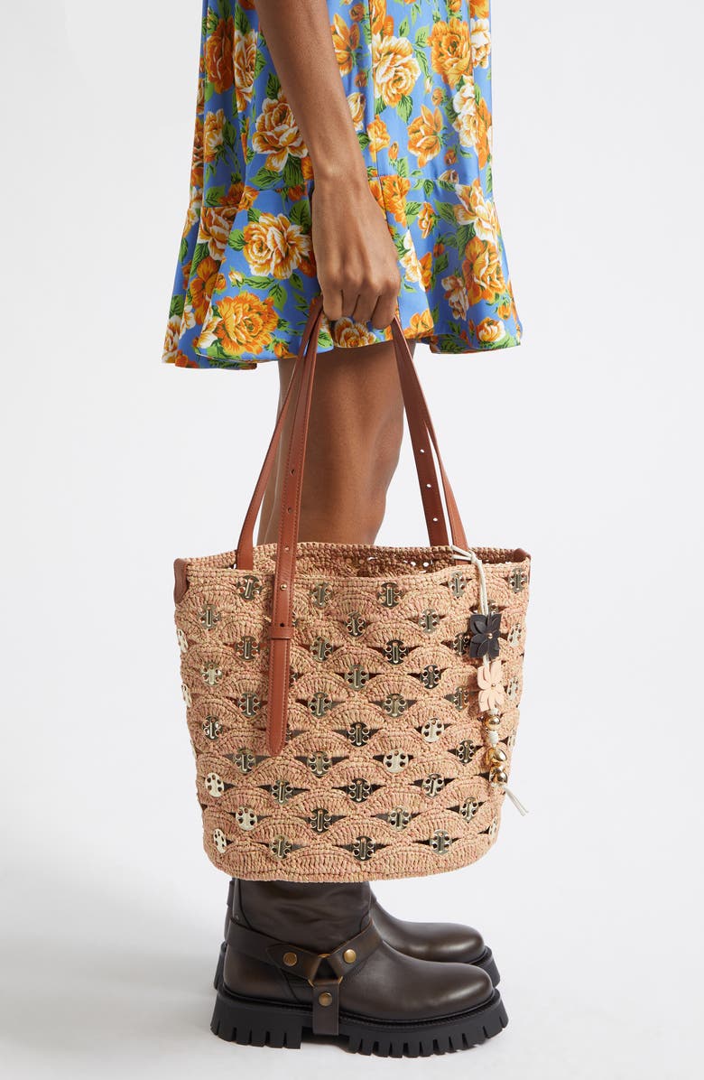 Rabanne Raffia Disc North South Bucket Bag, Alternate, color, Peach/ Gold