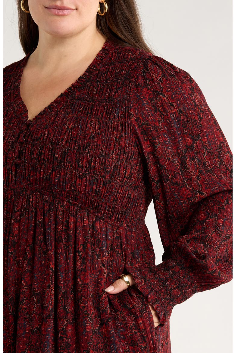 Long Sleeve Smocked Bodice Dress, Alternate, color, BLACK- RED GEMMA MEDALLION