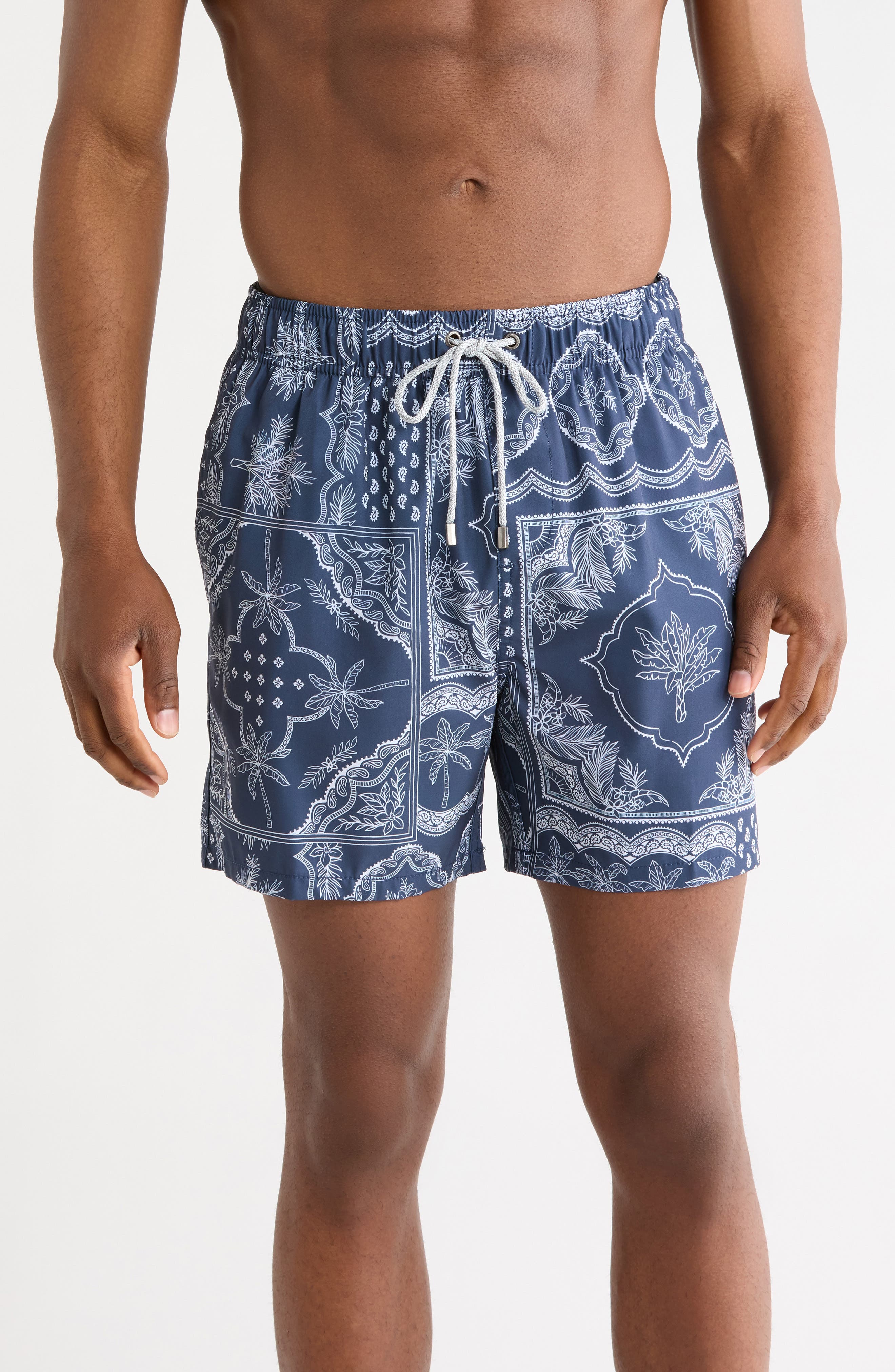 Vintage Summer Palm Bandana Print 4 Way Stretch Volley Swim Trunks