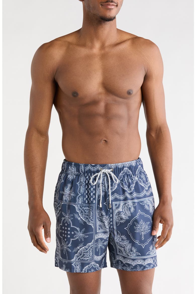 Palm Bandana Print 4 Way Stretch Volley Swim Trunks, Main, color, NAVY