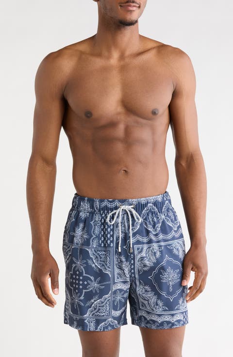 Palm Bandana Print 4 Way Stretch Volley Swim Trunks