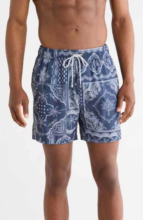 Vintage Summer Palm Bandana Print 4 Way Stretch Volley Swim Trunks