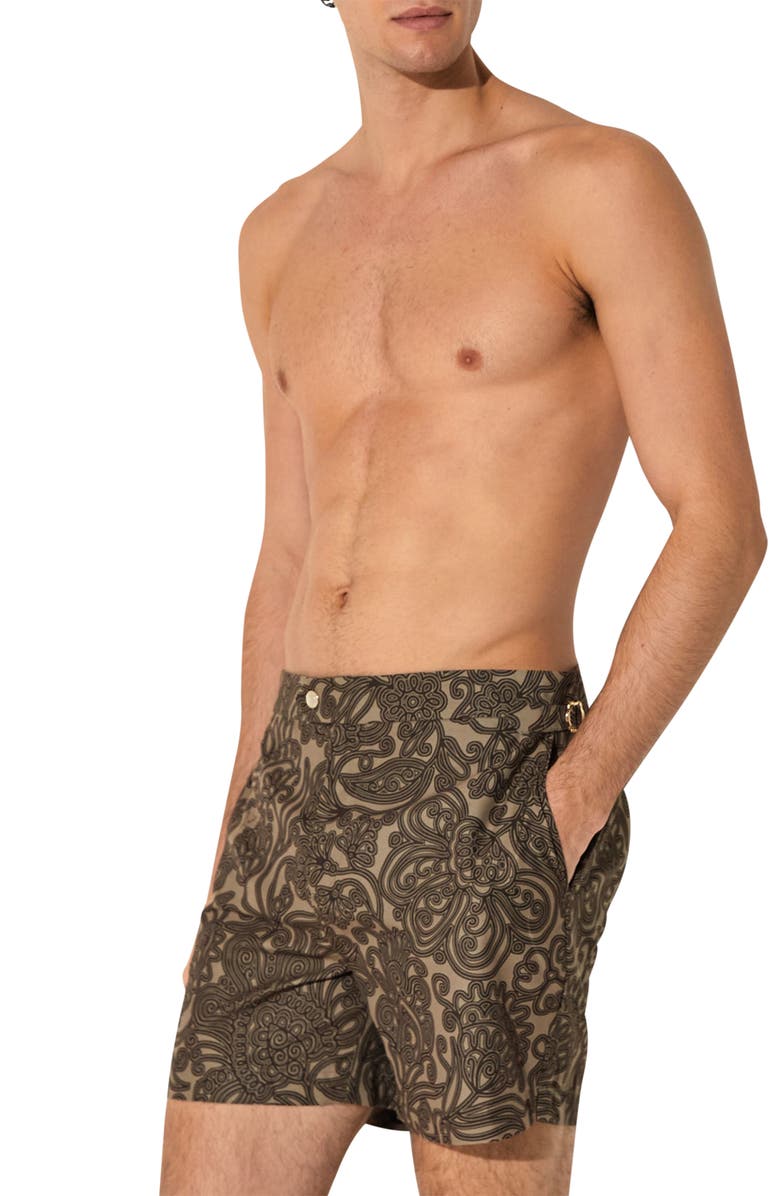 Reiss Fallow Floral Side Adjuster Swim Trunks, Main, color, Mocha Brown