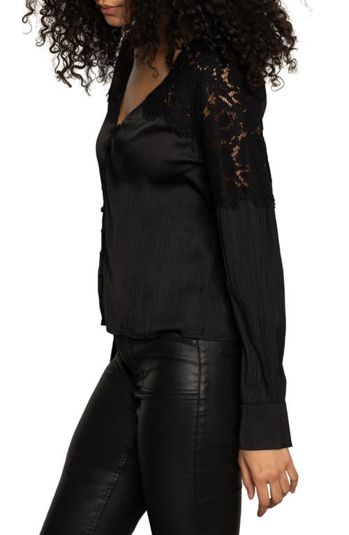 Sanctuary Falling Forward Lace Detail Crinkle Sateen Button-up Shirt In Black