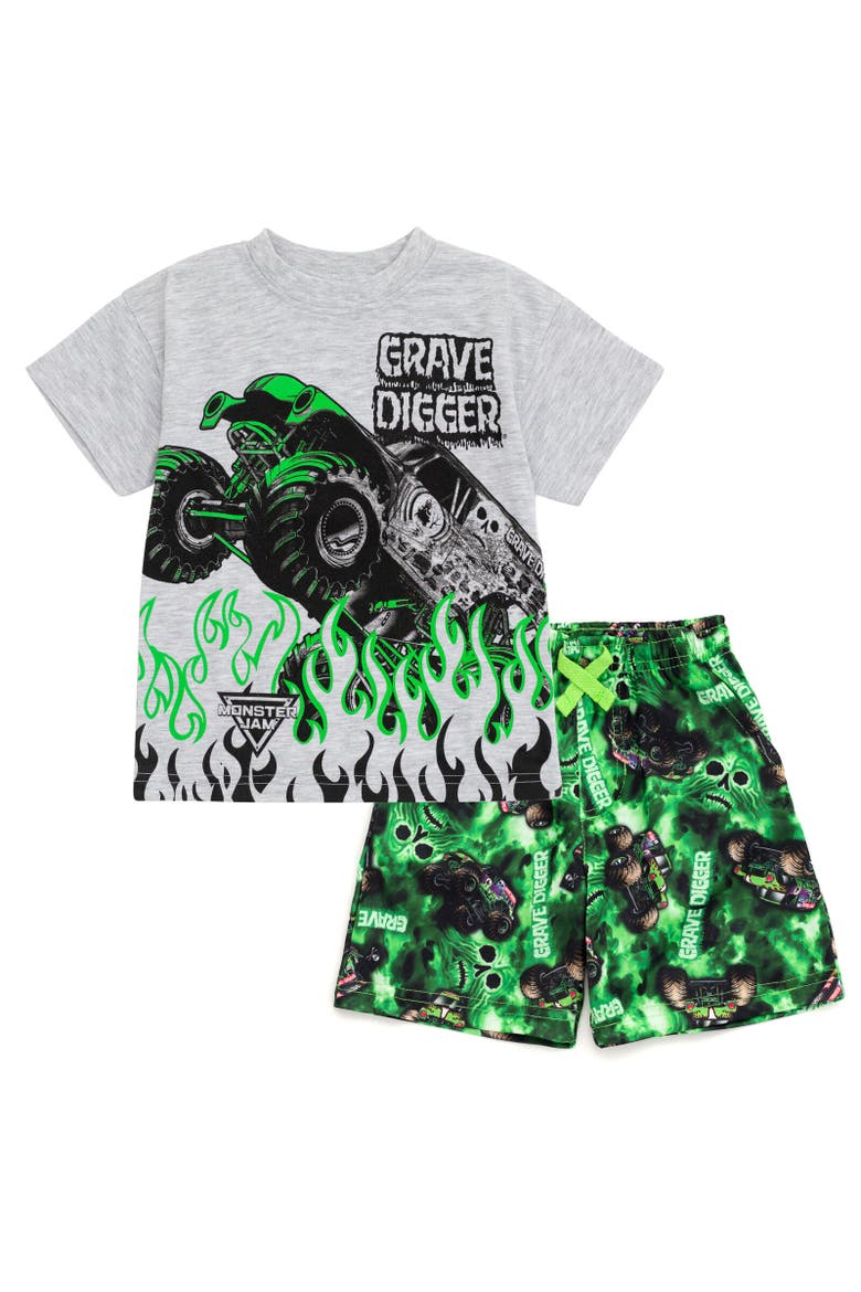 Grave Digger T-Shirt & Mesh Shorts Set, Main, color, Gray
