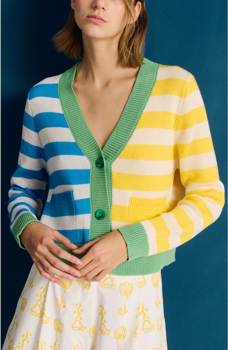 De Loreta Wasi V-Neck Cotton Blend Cardigan, Alternate, color, Bold Green Stripes